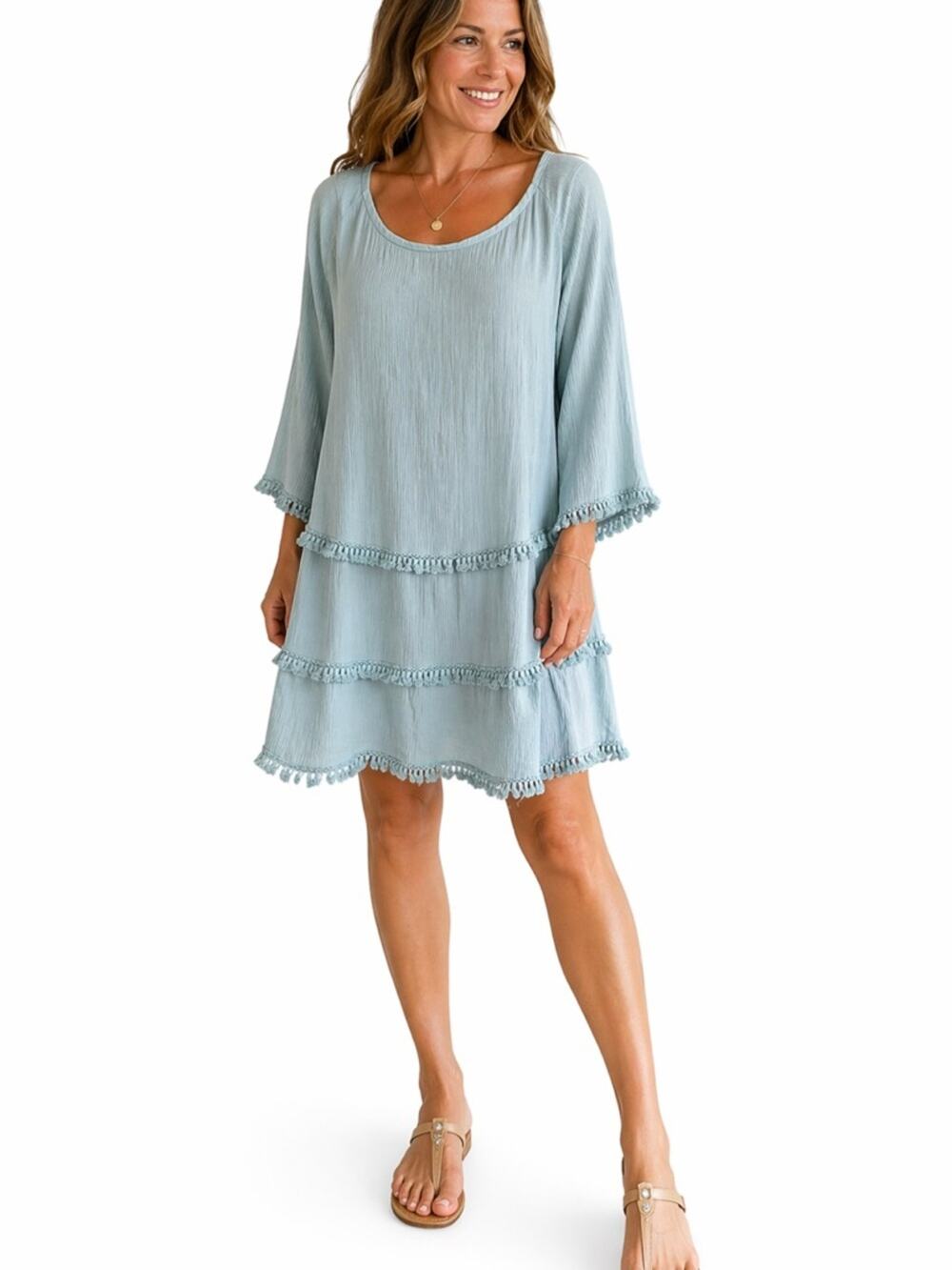 Soft Surroundings Cotton Gauze Tiered Tassel Shift Dress Boho Size S Lagenlook